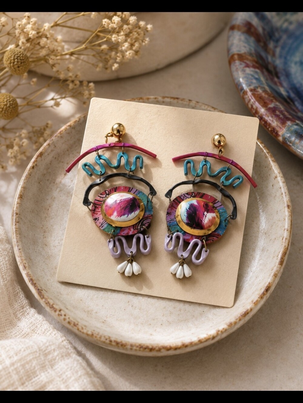 Retro Funky Multicolor Abstract  Spiral Desings Earrings
